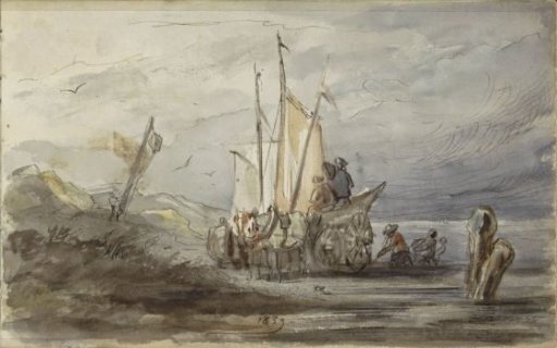 Horse and carriage on a shore near a sailing ship