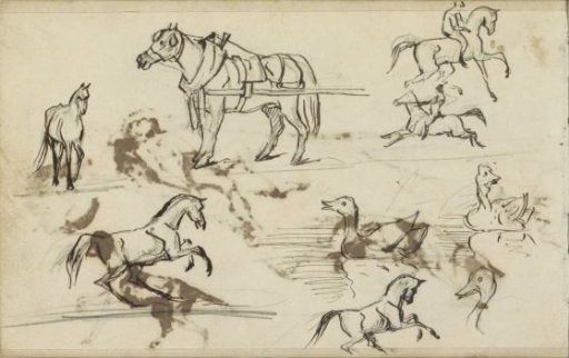 Study sheet with riders, horses and ducks