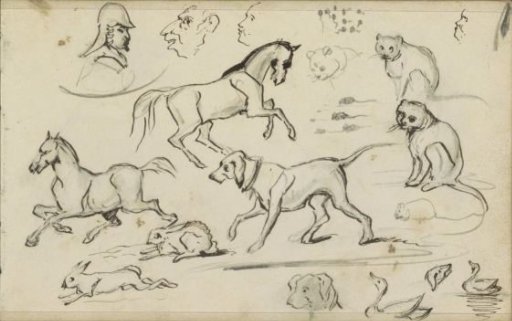 Study sheet, including horses and dogs