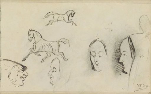 Study sheet, including horses and heads of women