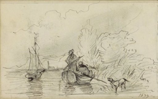 Rowing boat with figures on a shore
