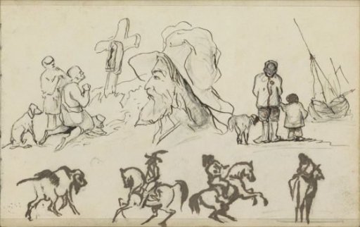 Study sheet, including two praying figures at a cross