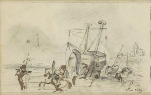 Sailing ships at a quay in Cleves