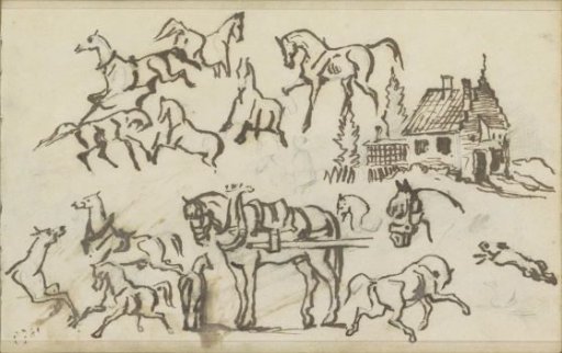 Study sheet with horses, a hare, and a house