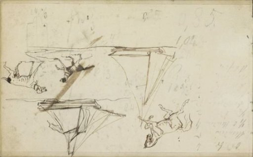 Study sheet with sailing ships, dogs, and a horse