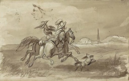 Two Riders with a Dog in a Meadow
