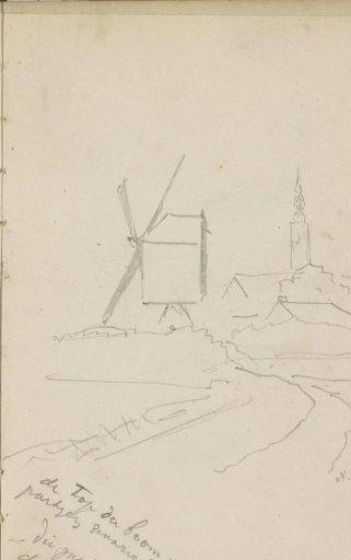 Windmill and church tower on a road in North Brabant
