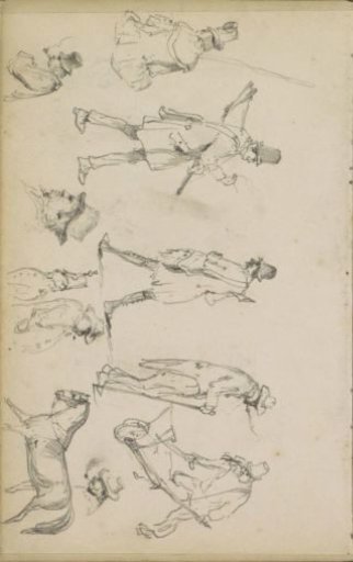 Hunters, men smoking pipes, and a man with a wheelbarrow