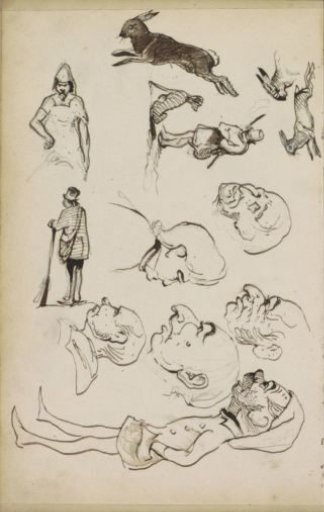 Hunters, hares, and caricatured figures