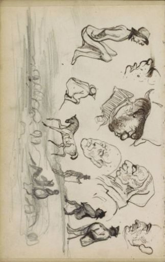 Men's heads, a horse, and a landscape with figures