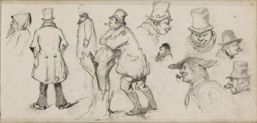 Men, including a man smoking a pipe leaning on a tree stump