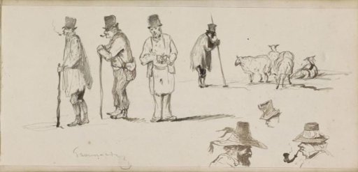 Men with tall hats and walking sticks, men's heads and a shepherd