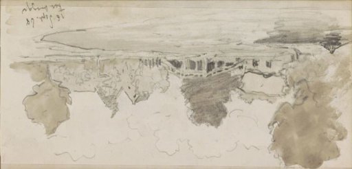 River landscape with a bridge and a figure in a rowing boat