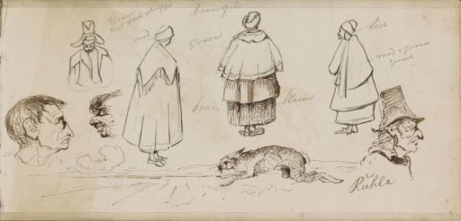 Hare, women in cloaks with hoods and male heads