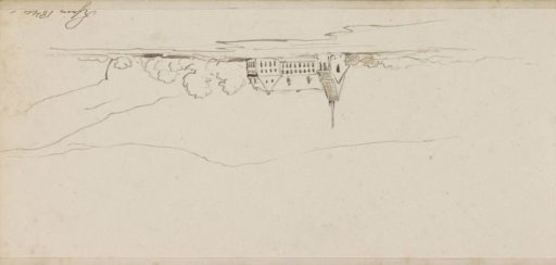 Mountain landscape with a monastery or church by a lake
