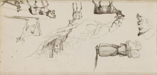 Study sheet, including a ploughing horse, stags, and a man's head