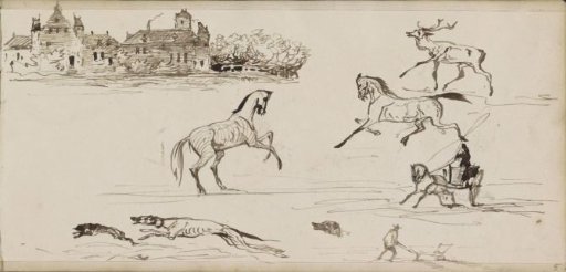 City view, horses, a deer and dogs