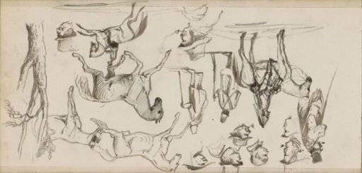 Hunters, riders, horses and men's heads