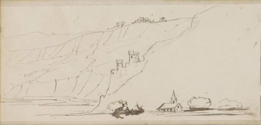 Mountain landscape with a castle by a lake