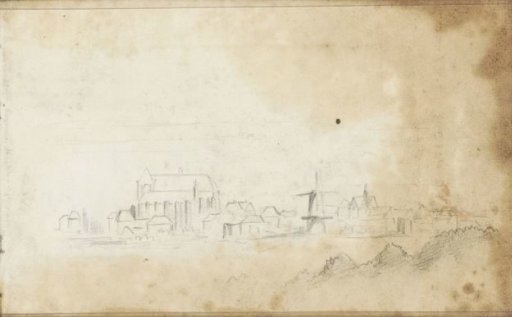 City view with a church and a mill