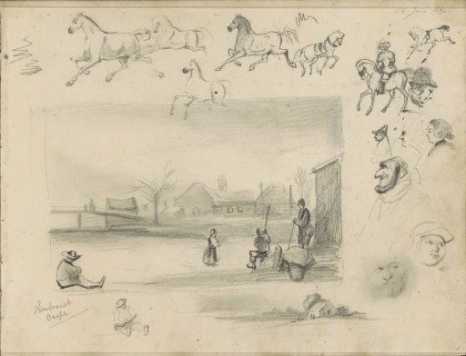 Horses, Caricatured Heads and a Winter Landscape after Rembrandt