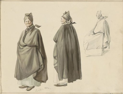 Woman in a long cloak and hood, seen from various angles