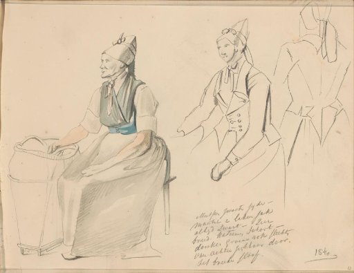 Woman with hood and apron, sitting by a wicker basket