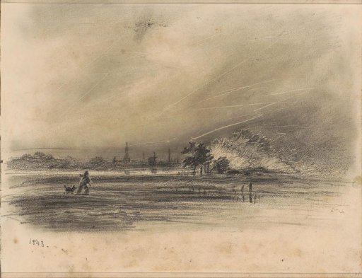 Man with a dog in a pasture landscape
