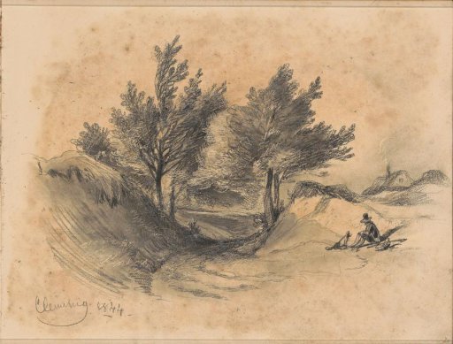 Heath landscape at Cleverberg with a seated man with a dog