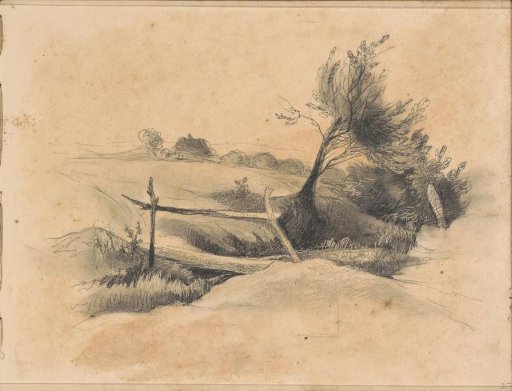 Hilly landscape with a wooden bridge