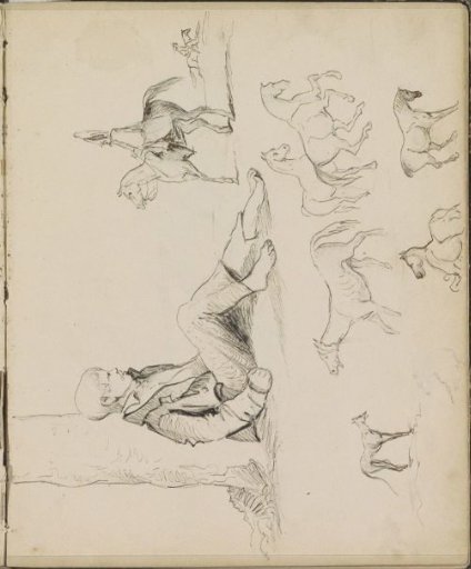 Boy sitting against a tree, horses, riders, and a dog