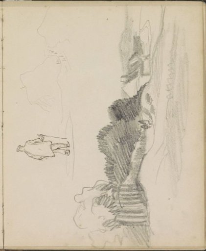 Figures in a Hilly Landscape and a Man with a Walking Stick