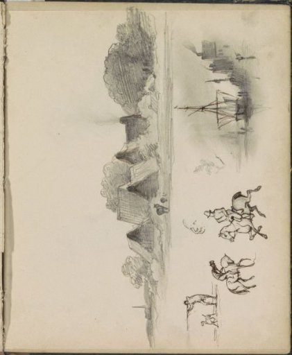 Study Sheet, Including Riders, a Hunter and Moored Sailing Ships