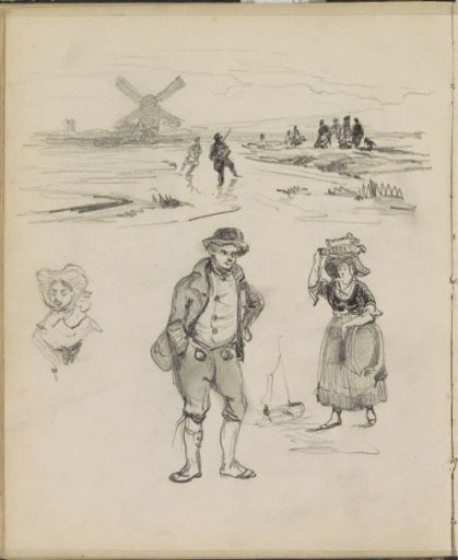 River landscape with fishermen and a mill