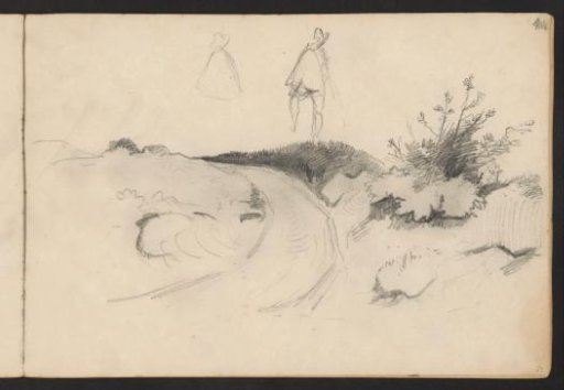 Path in a heath landscape and a man with a hat