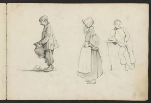 Farm boy with a jug, girl with apron and cap, and a boy leaning on a table