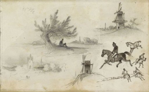 Study sheet, including riders, a horse, and landscapes with windmills