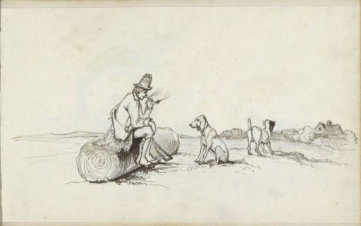 Landscape with a hunter seated on a tree trunk