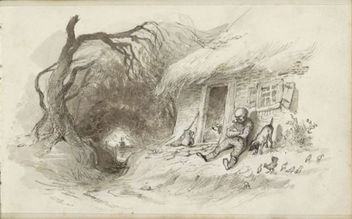 Man seated in front of a house with a thatched roof by a ditch