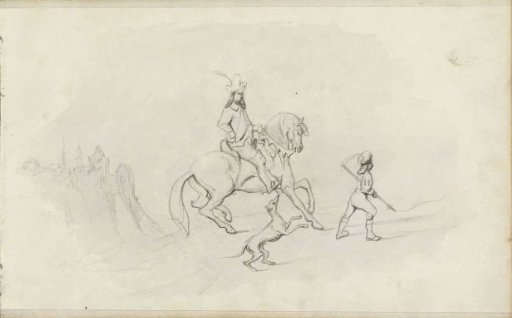 Horseman in historical costume at a fort on a mountain