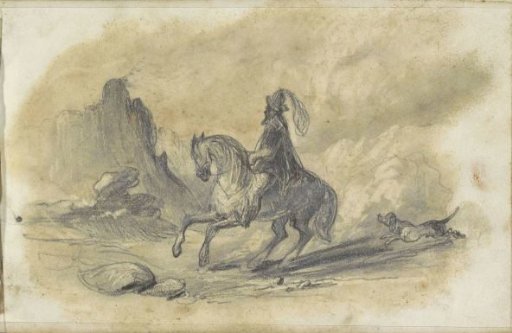 Rider with a dog on a rocky path