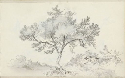 Landscape with a dog on a path by a tree