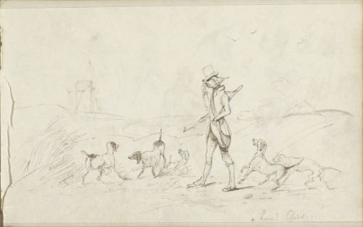 Landscape with a mill and a hunter with dogs