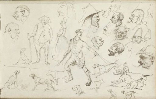 Study sheet, including dogs, a hunter, and male heads