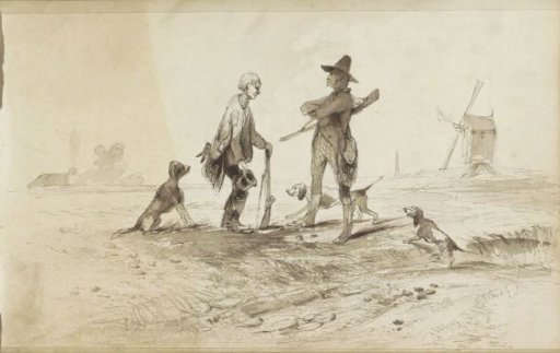 Hunters with dogs in a landscape with a mill