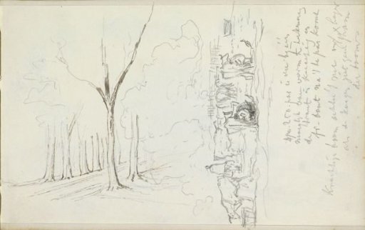 Forest path and figures milking cows and feeding fodder
