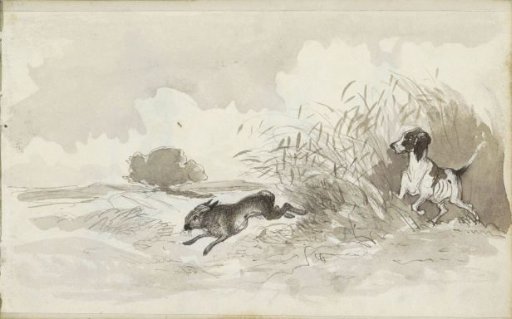 Landscape with a dog chasing a hare