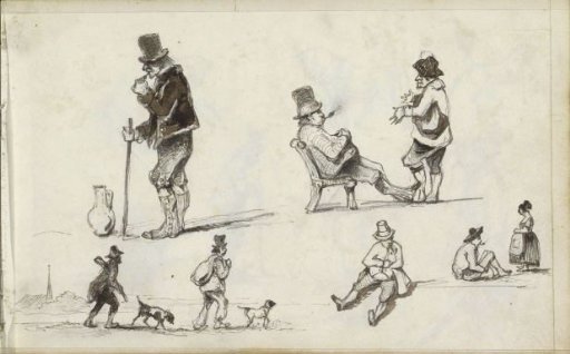 Hunters with dogs, men smoking pipes, and a milkmaid