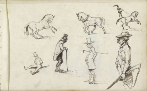 Hunter, (draft) horses, and men with walking sticks