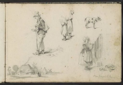 Farmhouse, Farmers, and a Dog after French Lithographs